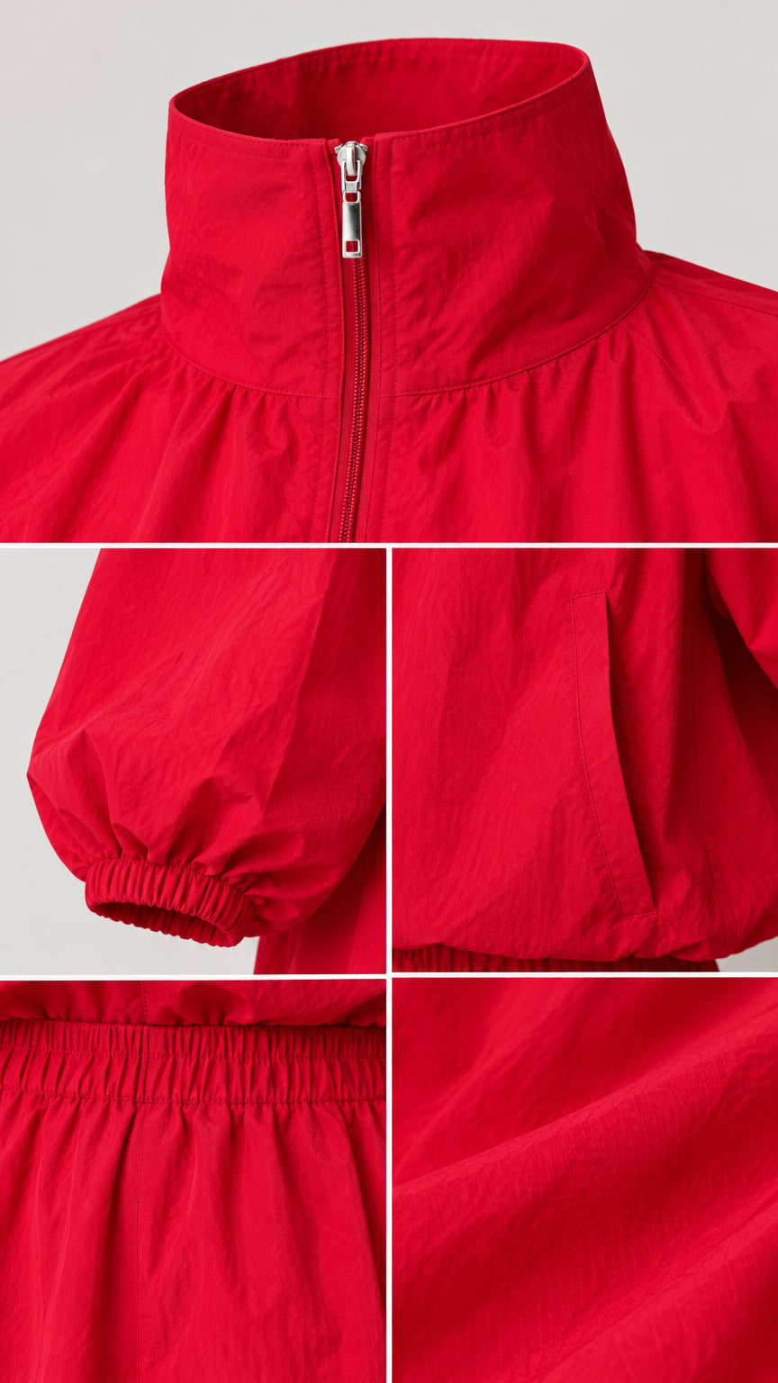 Detailed close-up views of zipper collar, elastic cuffs, side pockets, and fabric texture