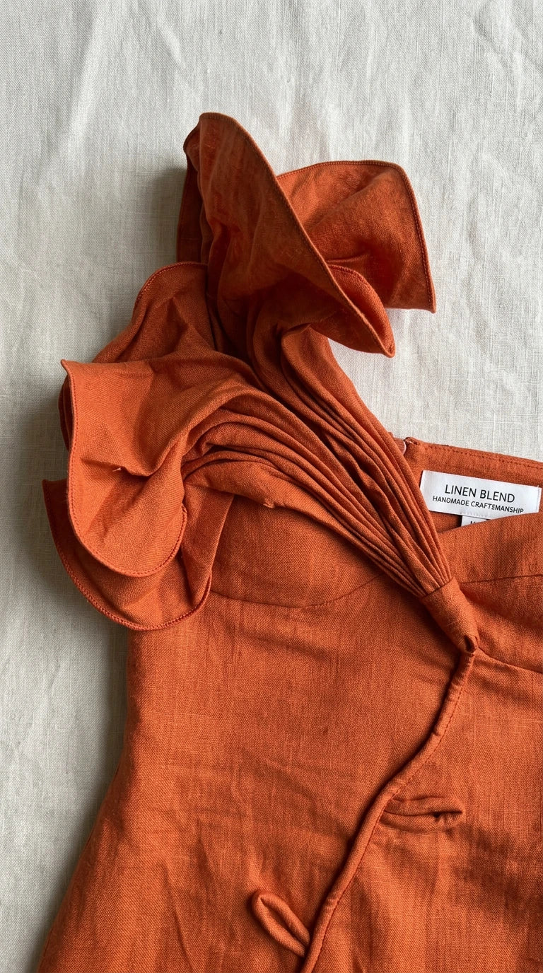 Close-up of rust linen fabric with sculptural ruffle and woven tag