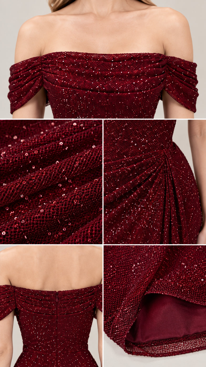 Close-up details of draped off-shoulder neckline, glitter fabric, and lining