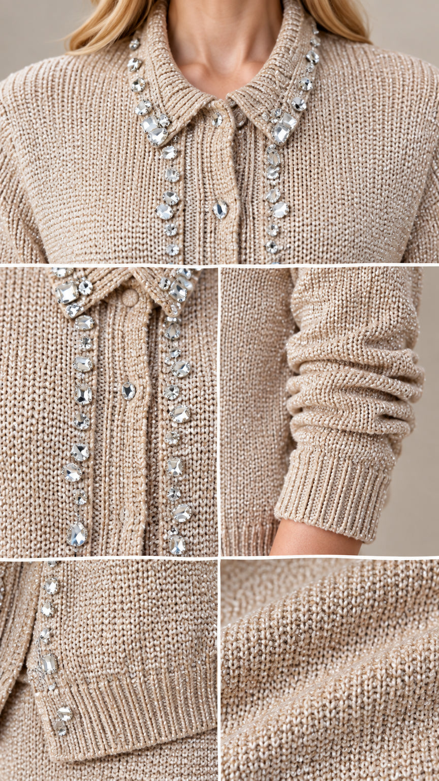 Close-up details of collar rhinestones and knit texture on beige cardigan set