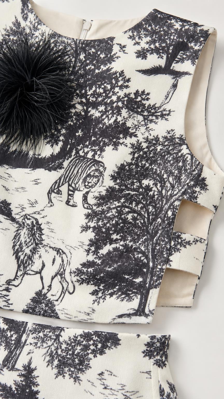 Close-up detail of white and black top showing print and feather applique