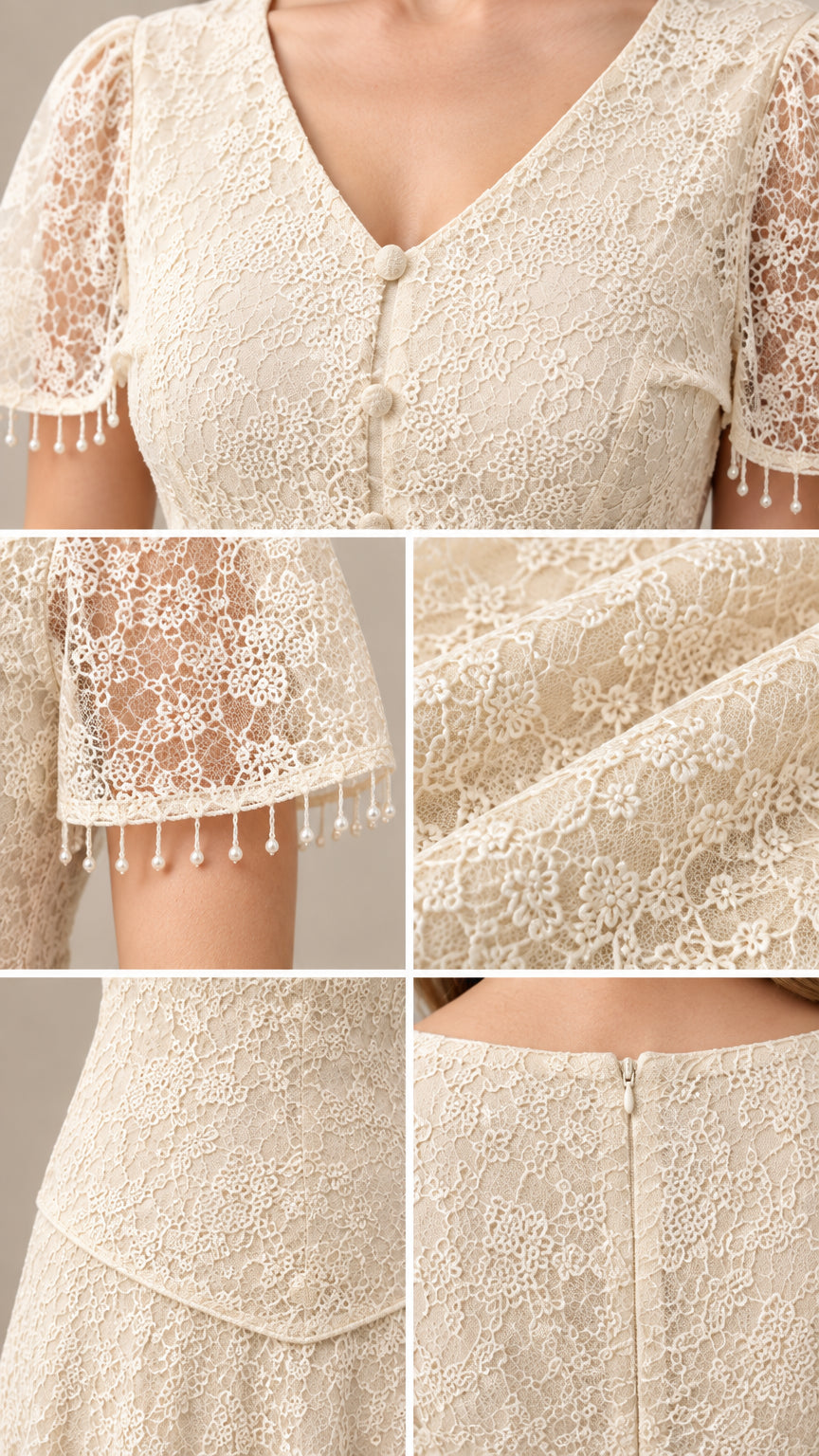 Close-up details of neckline buttons, beaded sleeve fringe, and lace fabric texture