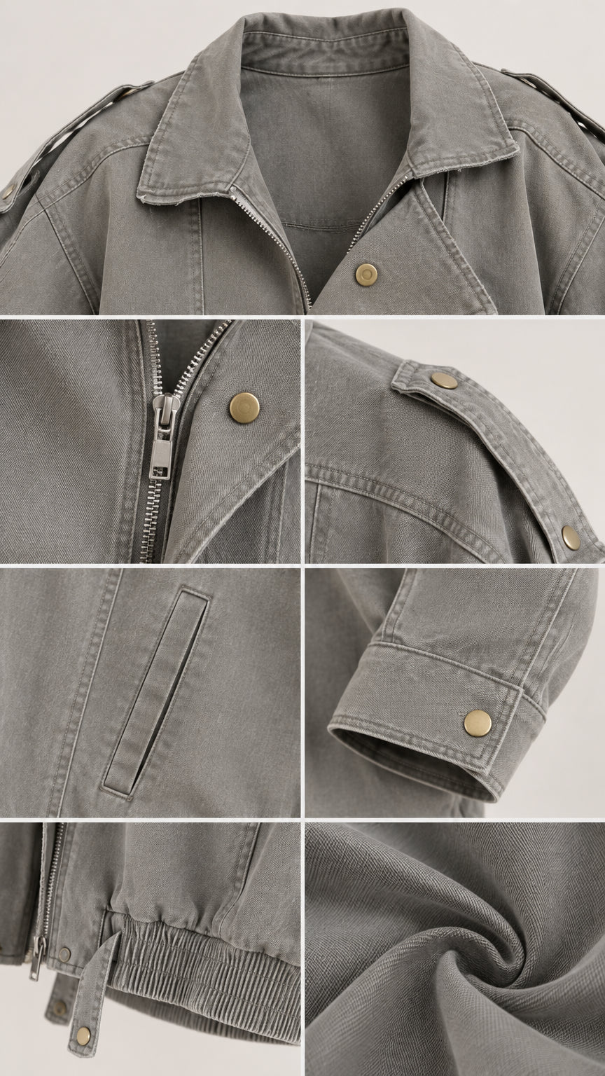 Close-up details of collar, zip front, shoulder epaulets, pockets, and washed twill fabric