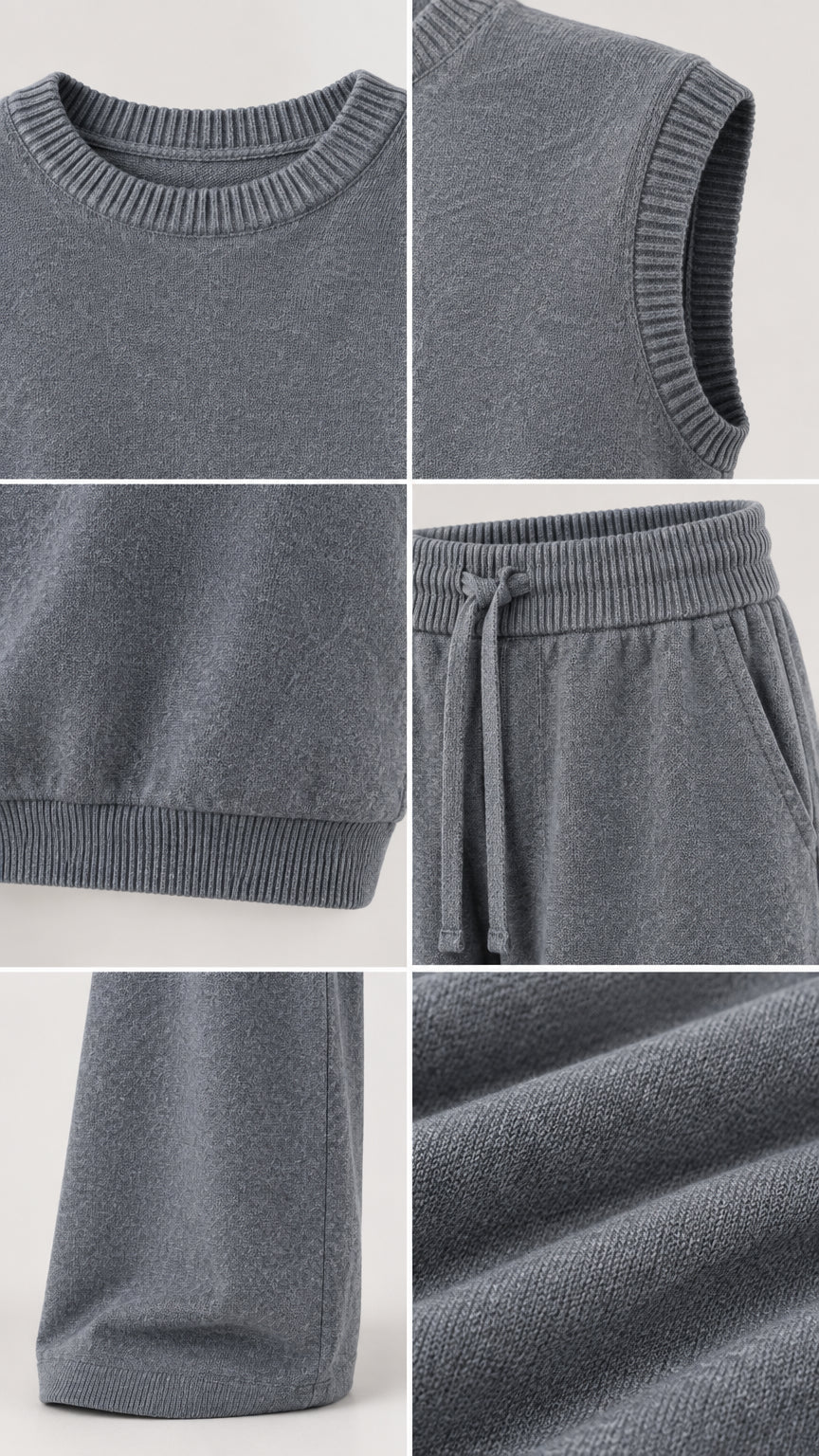 Close-up detail collage showing ribbed neckline, armhole, drawstring waist, pockets, and knit texture in Slate Grey