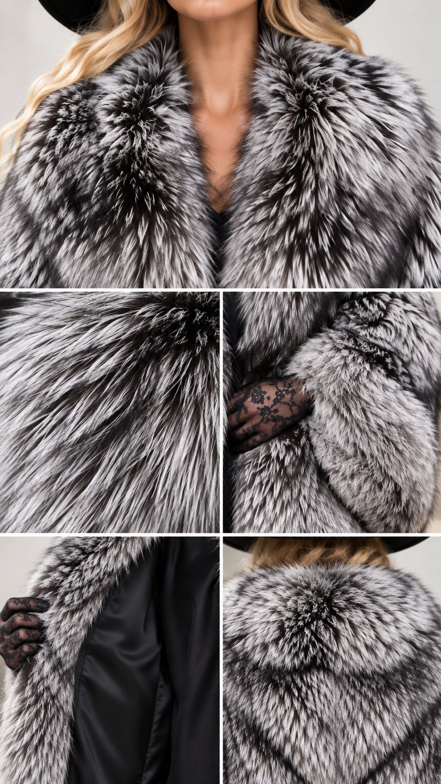 Close-up detail collage showing collar, faux fur texture, sleeve cuff, lining, and back panel