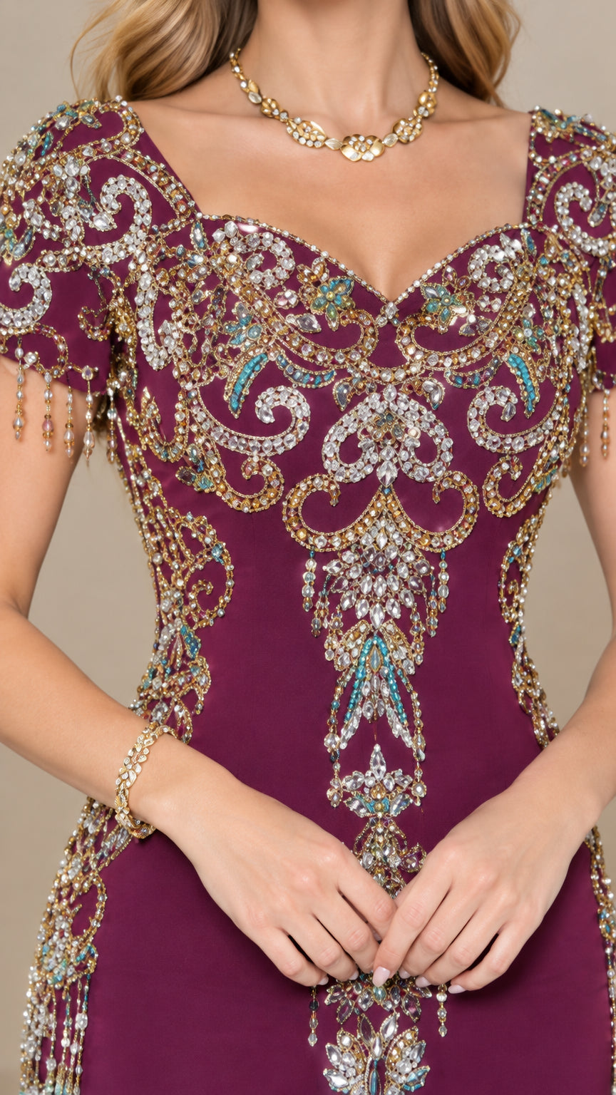Close-up detail of ornate beadwork, embroidery, and neckline on plum evening gown