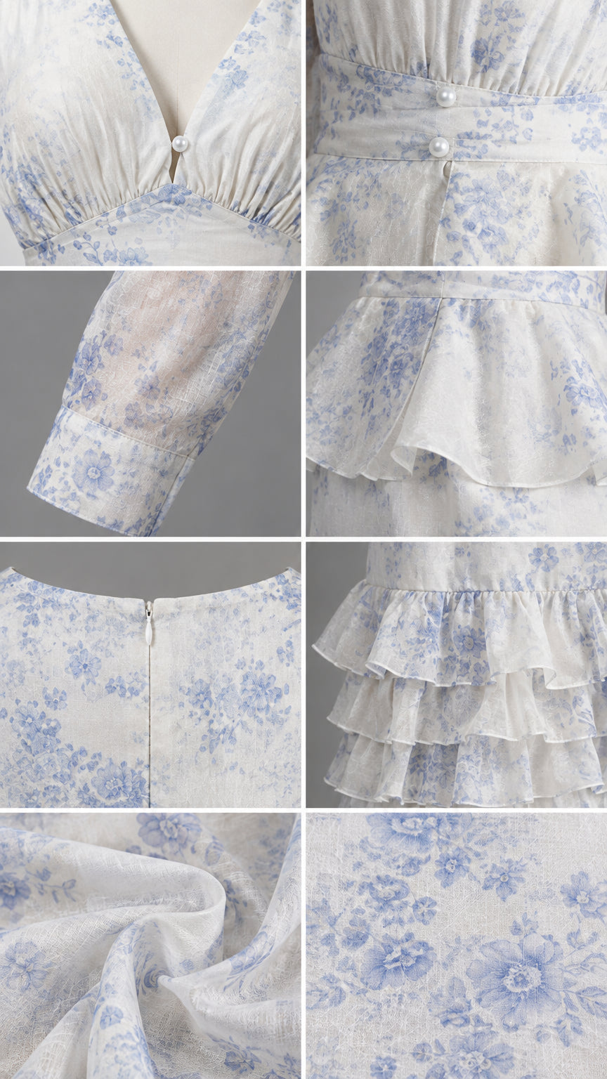 Close-up details of neckline, pearl buttons, peplum waist, cuffs, and textured fabric