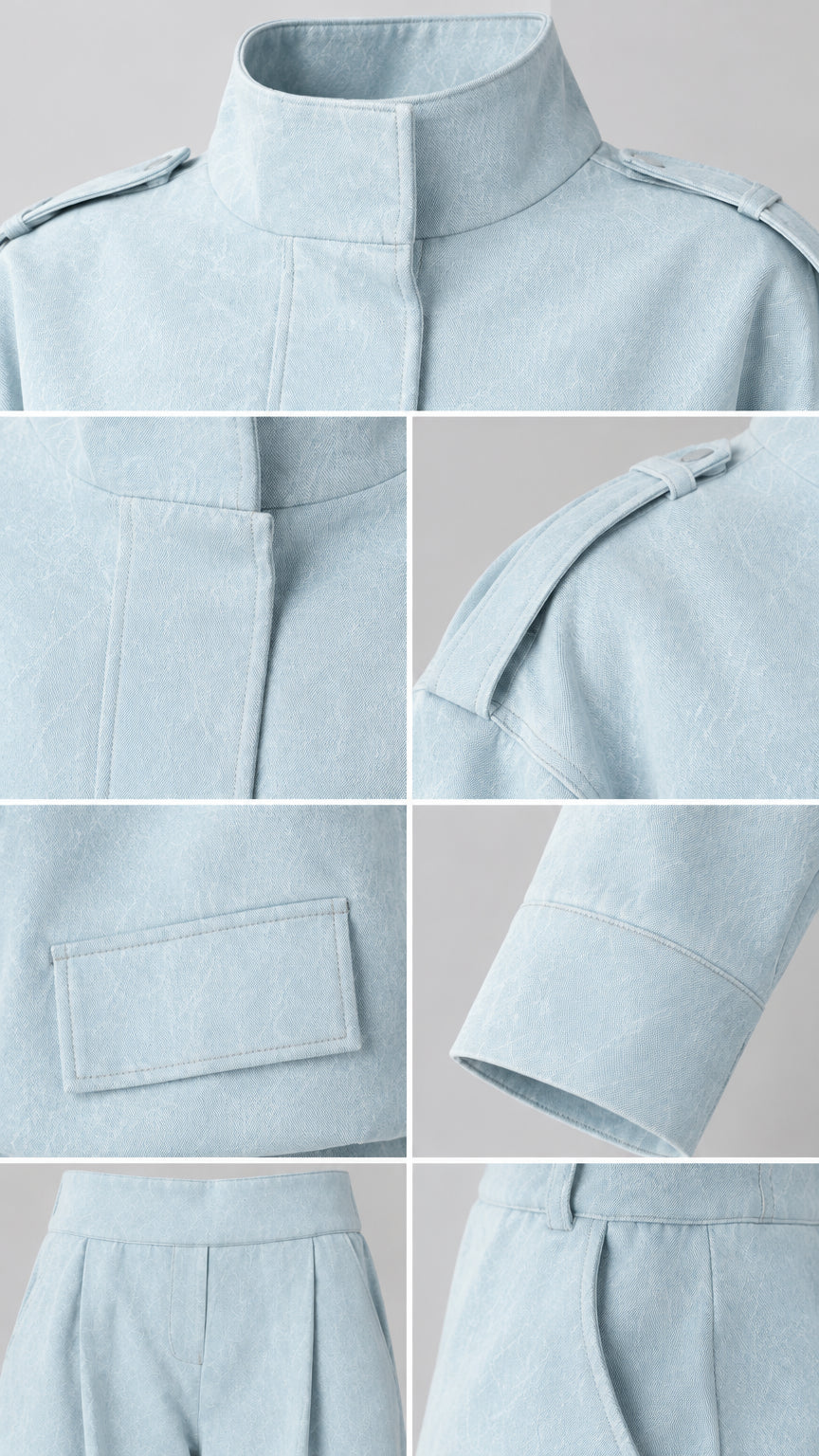 Close-up details of collar, shoulder tabs, cuffs, and pleated pockets of the jacket set