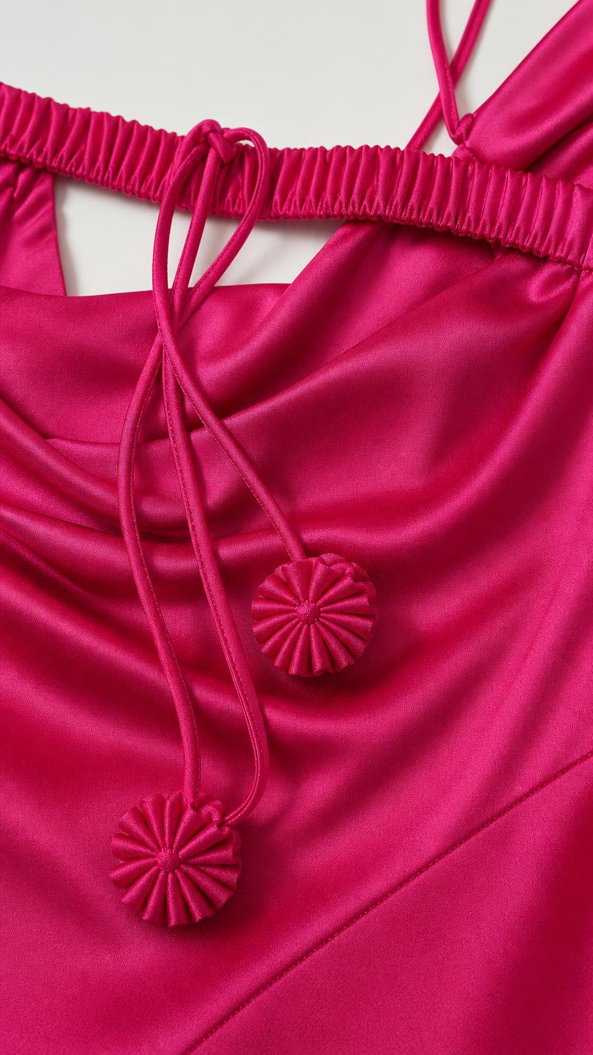 Close-up of spaghetti straps, neckline, and tassel back ties