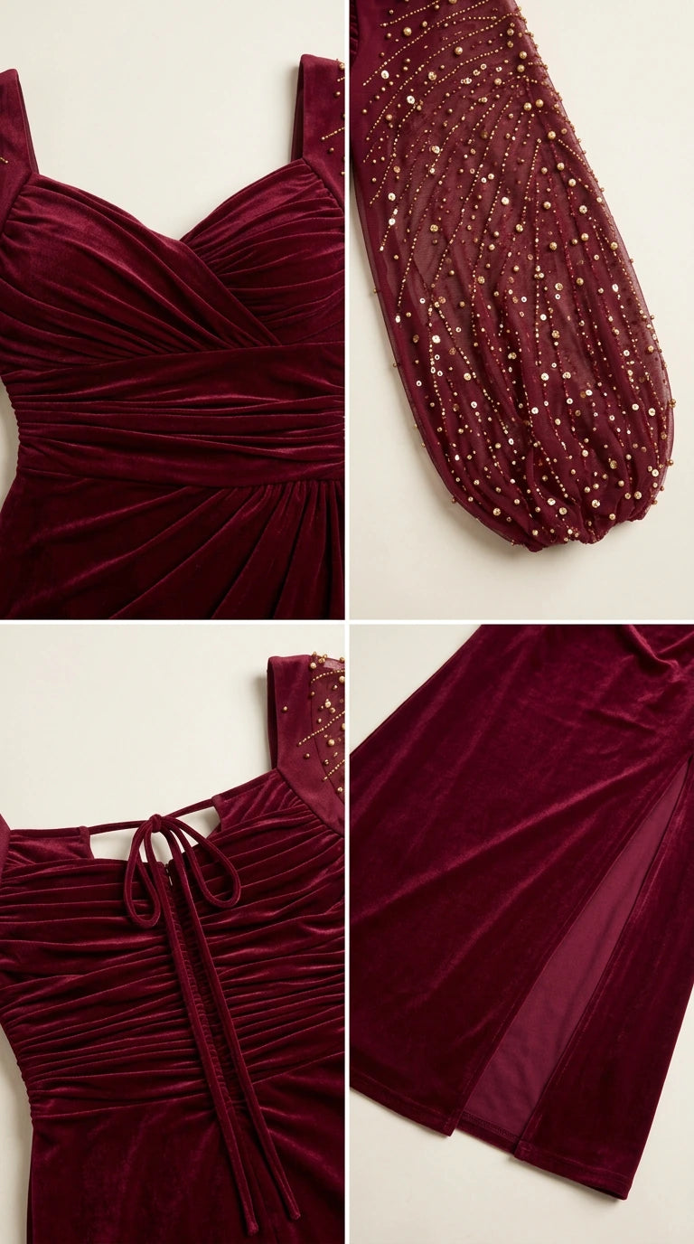 Close up details of sweetheart ruched bodice, beaded sheer sleeve, and back tie