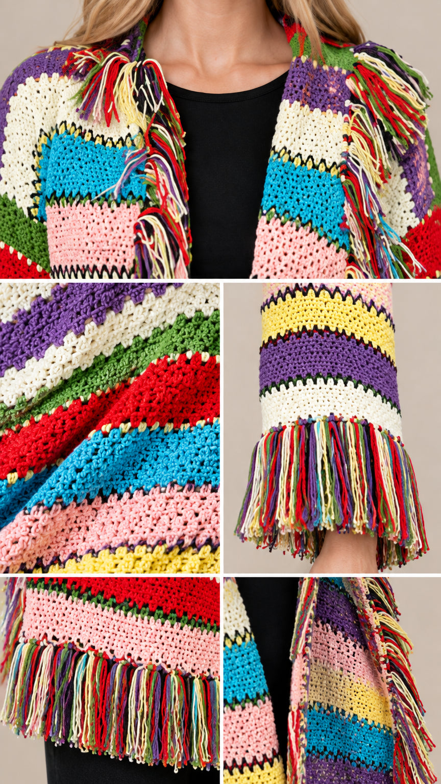 Close-up collage of crochet knit texture and detailed colorful fringe trims