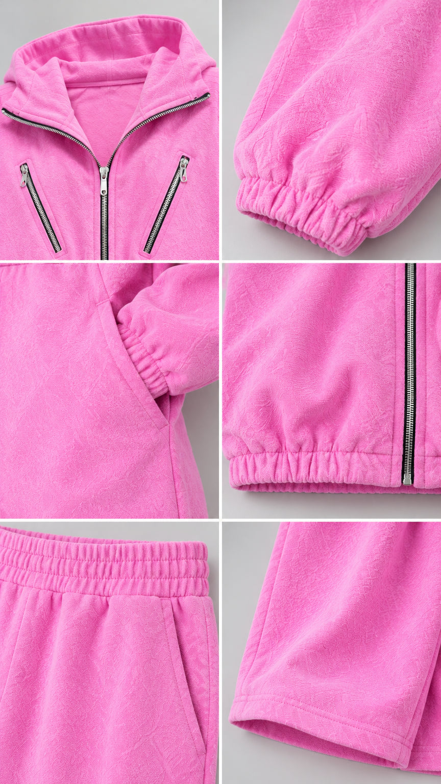 Detailed close up of zipper, elastic cuffs, pockets, and soft fabric texture