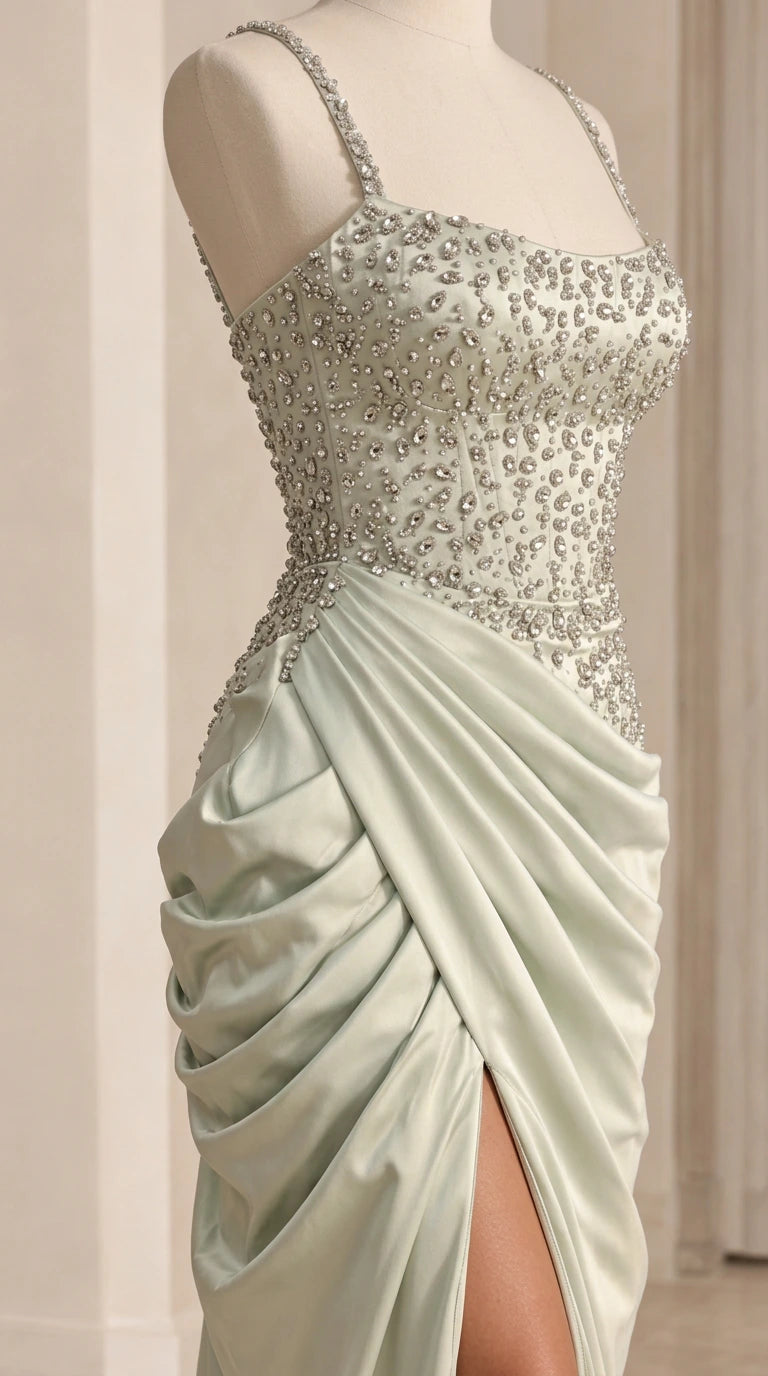 Close-up detail of beaded corset bodice and gathered satin drape