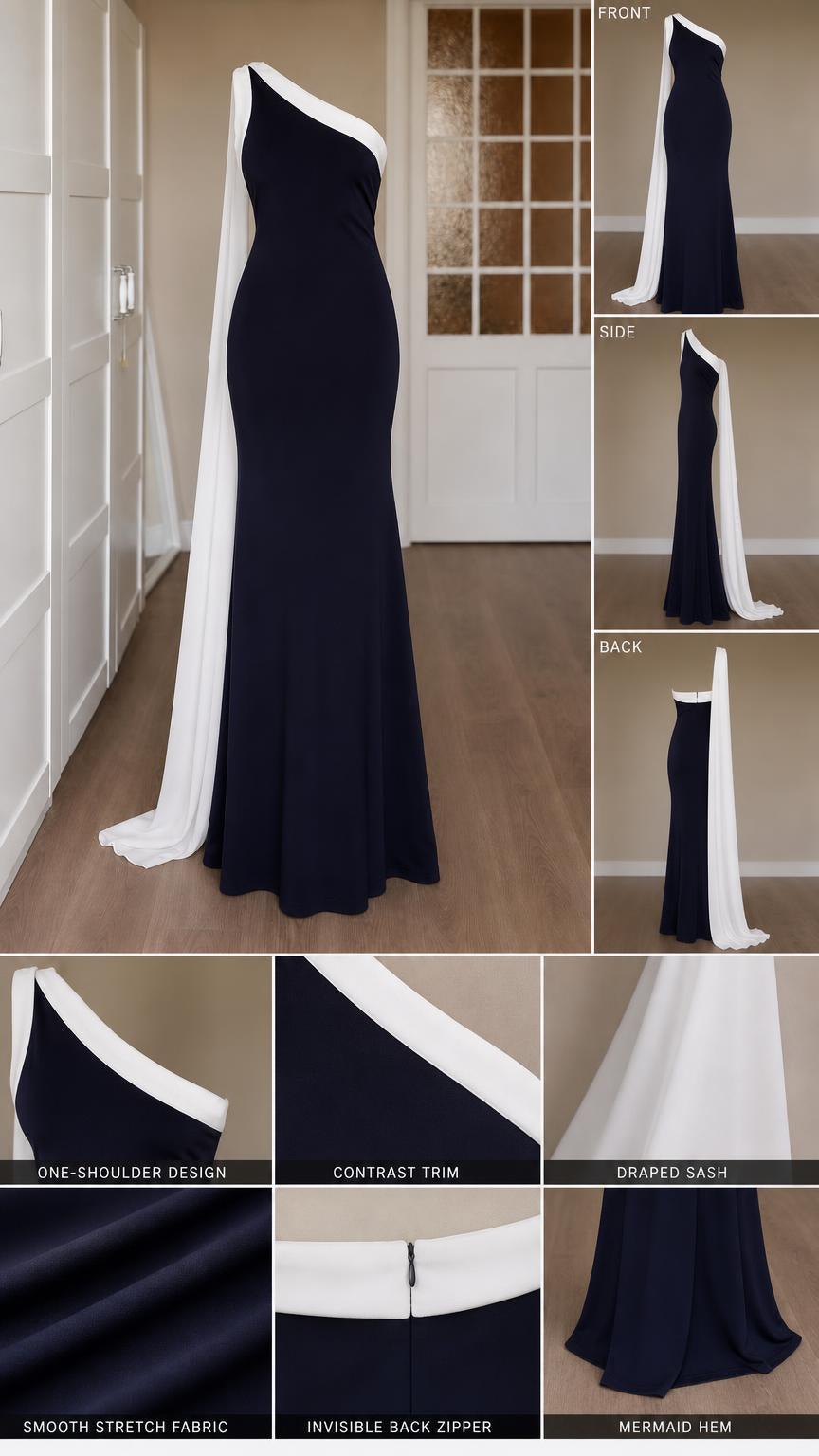 Detailed close-ups of neckline, contrast trim, fabric texture, and mermaid hem