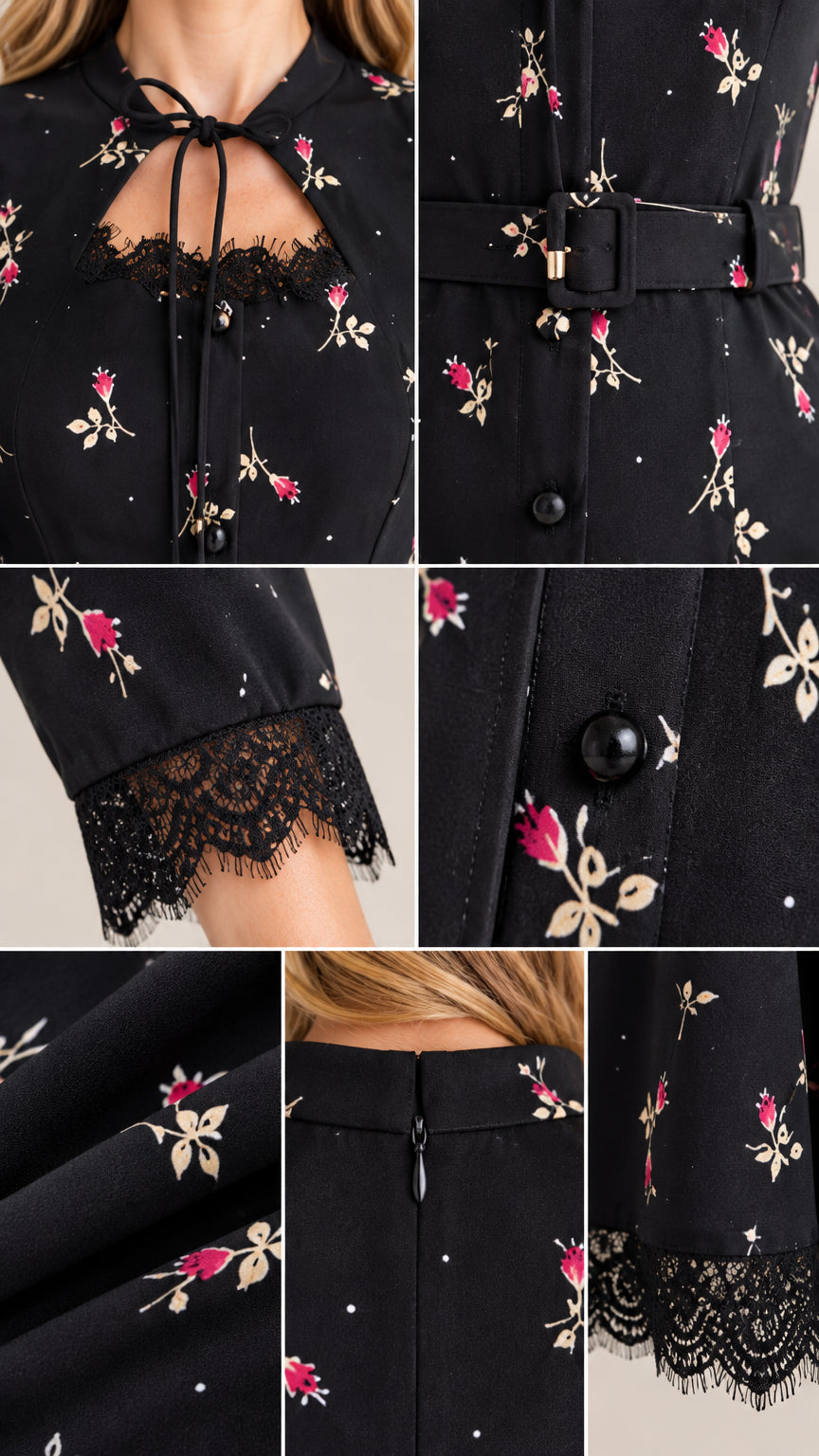 Close-up details of black dress showing lace keyhole neckline, belt, and lace cuffs
