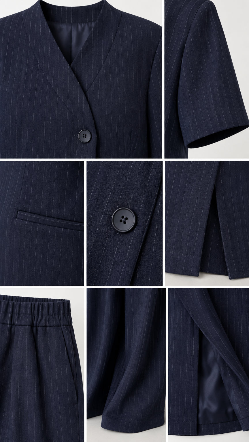 Detailed close-up shots of fabric texture, collarless neckline, button closure, and pocket details