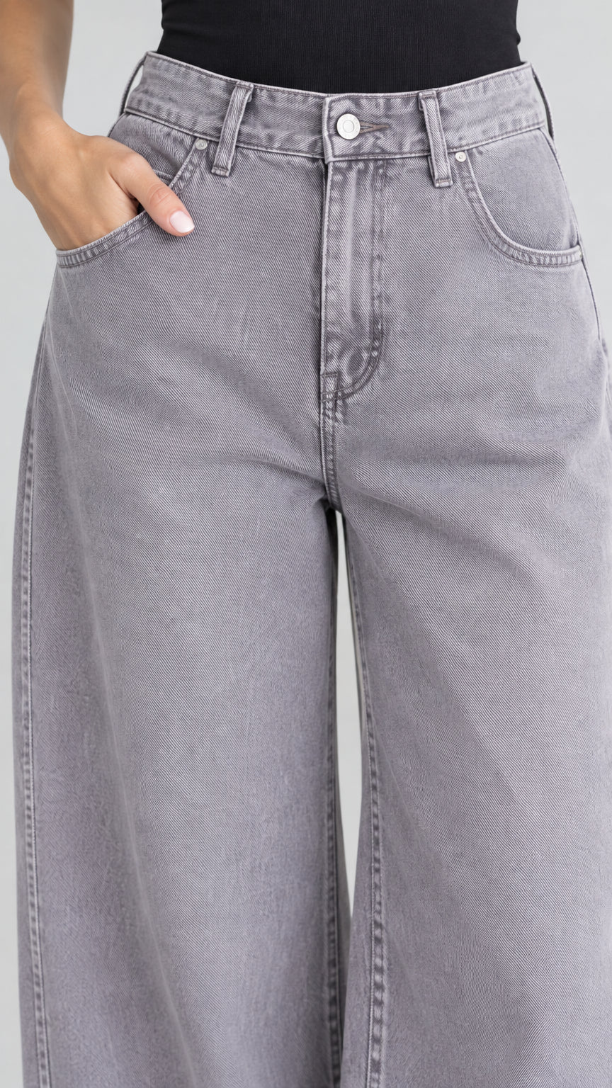 Close up detail of waistband, coin pocket, button closure, and grey denim wash