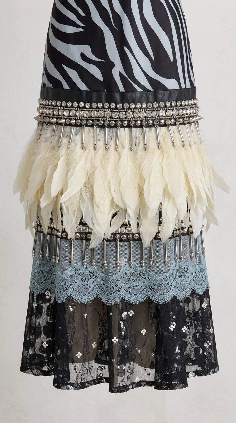 Close-up detail of beaded trim, ivory feathers, and sheer lace hem
