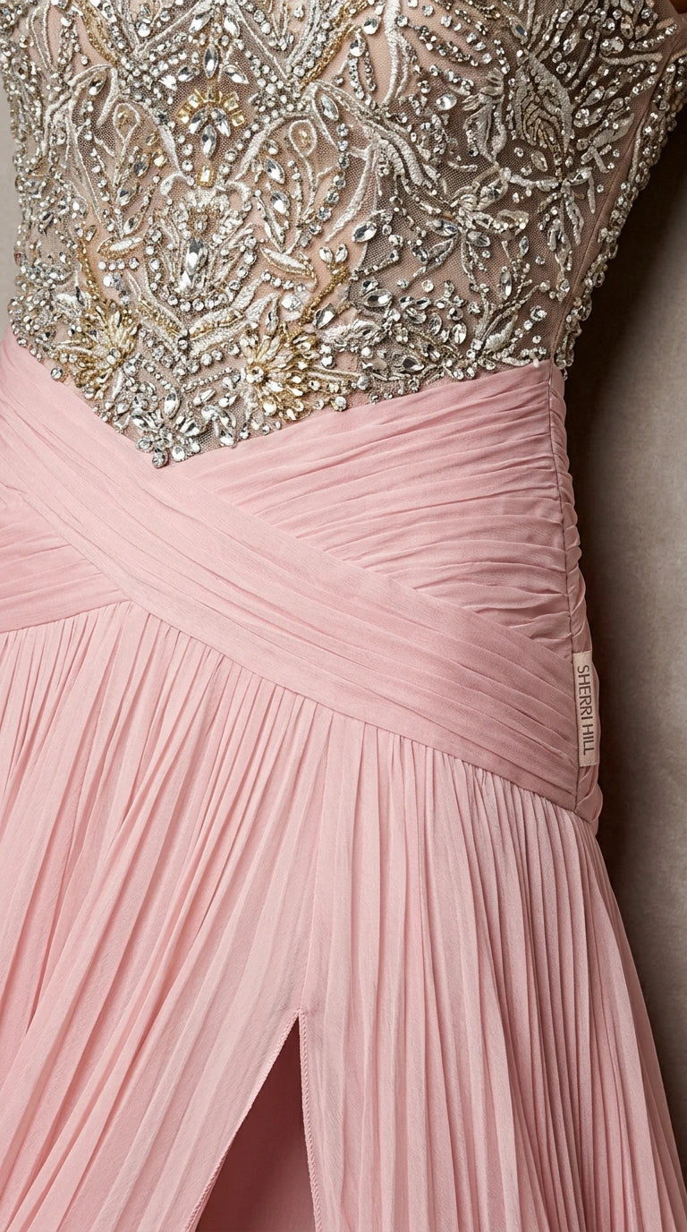 Close-up detail of intricate crystal beadwork and criss-cross pleated waistline