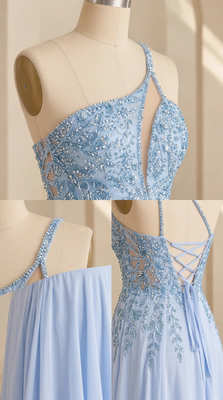 Close-up details of beaded one-shoulder strap and lace-up back construction