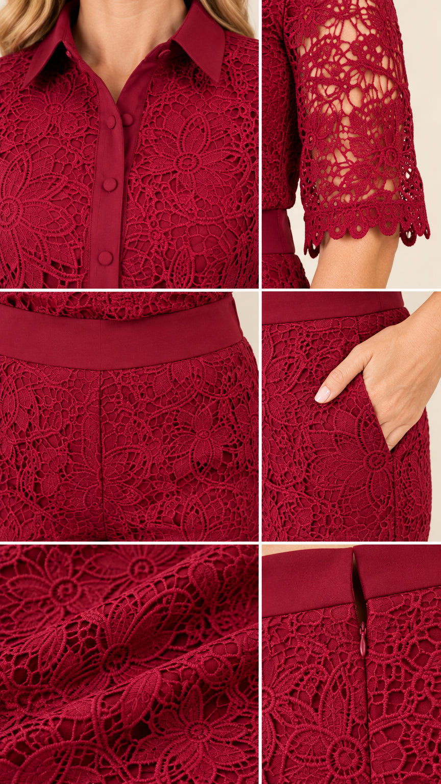 Detail grid showing collar, buttons, lace sheer sleeve, waist band, and pockets on burgundy jumpsuit