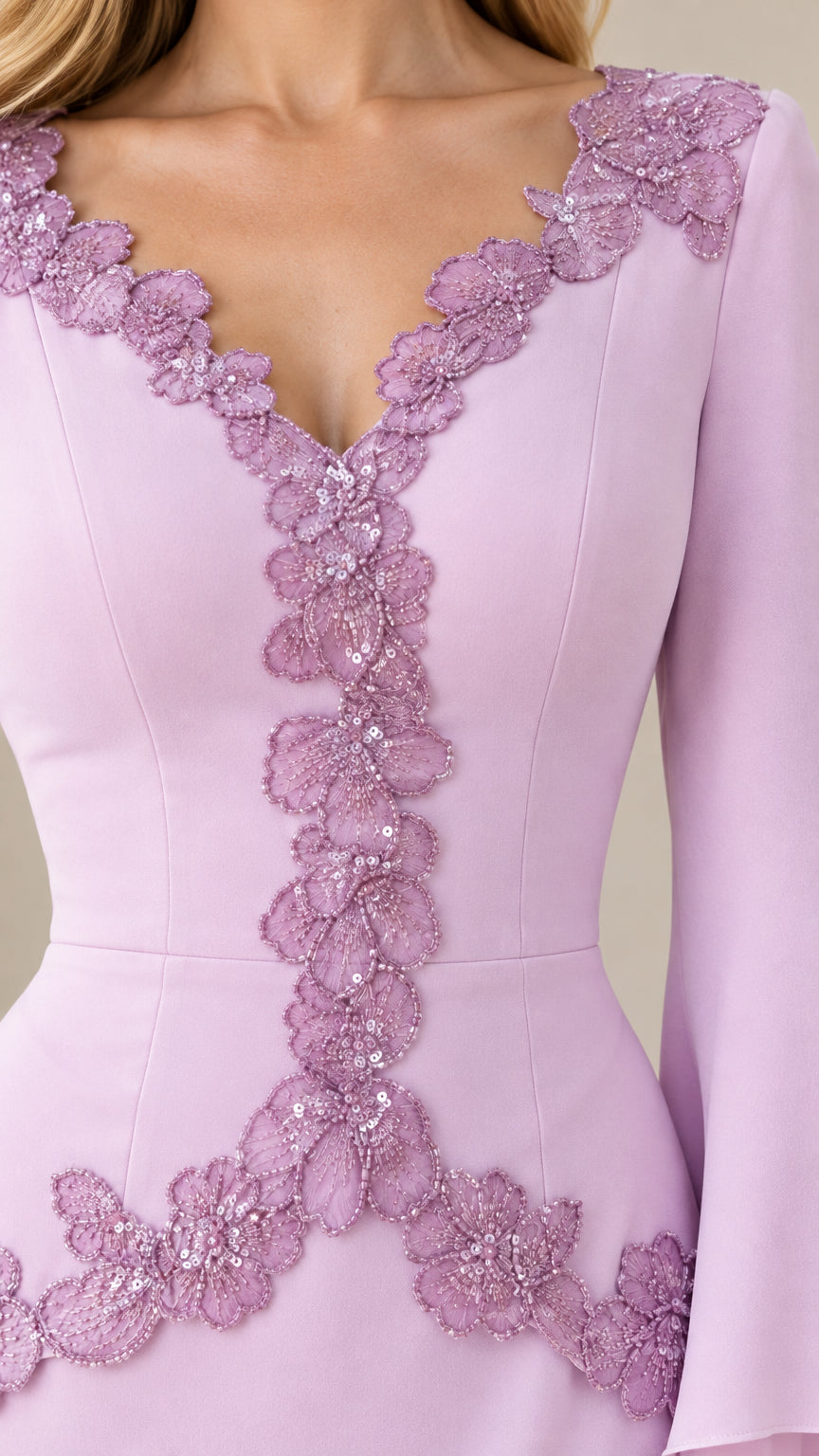 Close-up detail of beaded floral lace embroidery on lavender dress neckline