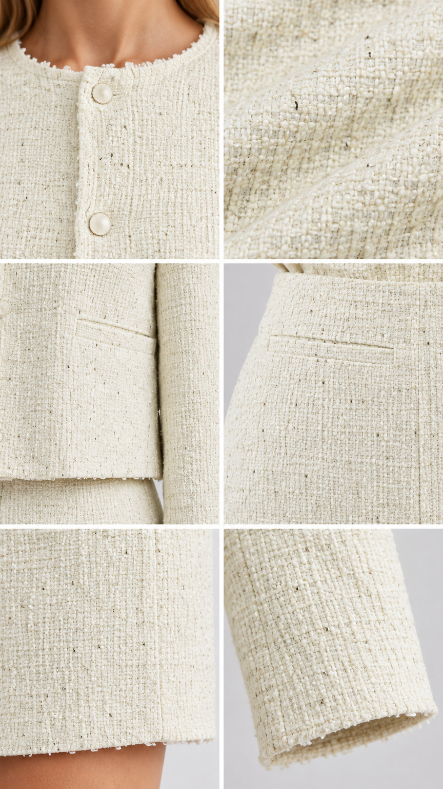 Detailed close-up collage of Cream tweed fabric, fringe trim, and button details