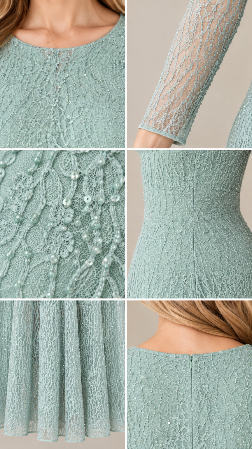 Close-up details of delicate sequined lace fabric, sheer sleeves, and neckline