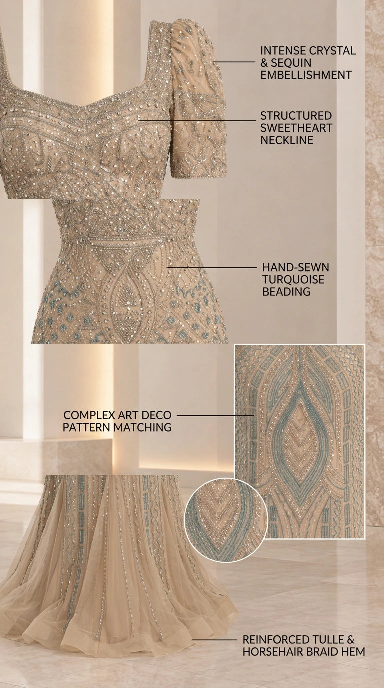 Close-up details of crystal, sequin embellishment and reinforced hem