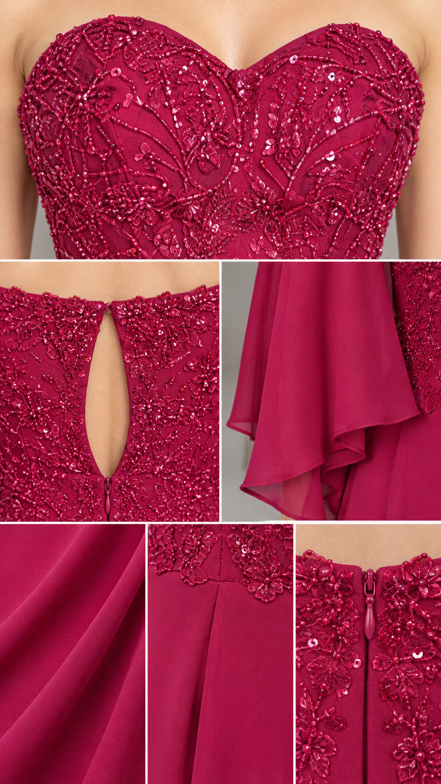 Detailed close-up collage of beaded sweetheart bodice, keyhole cutout, and hem pleats