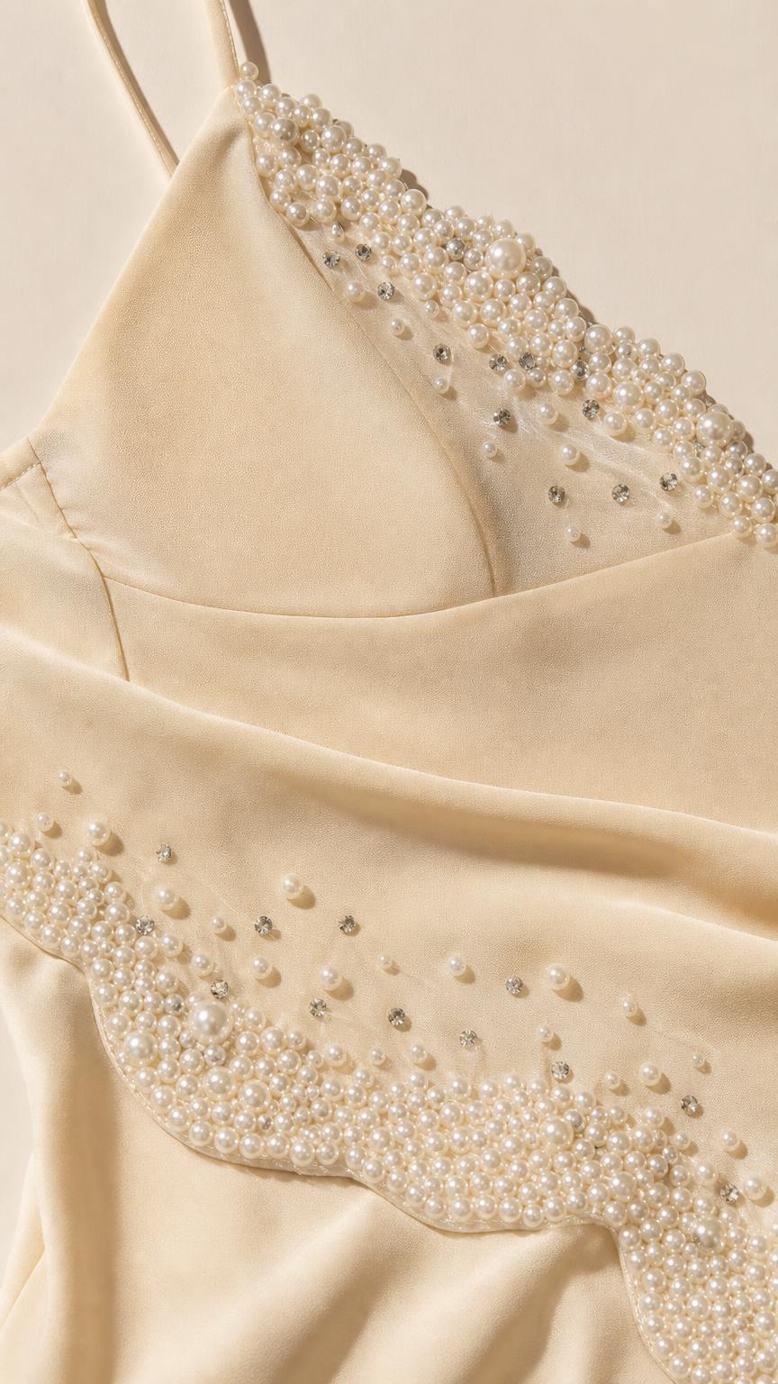 Close-up detail of pearl and crystal beadwork on yellow dress