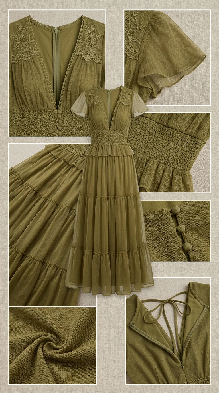 Product detail collage of olive green maxi dress showing lace trim, sleeves, back smocking, and fabric texture