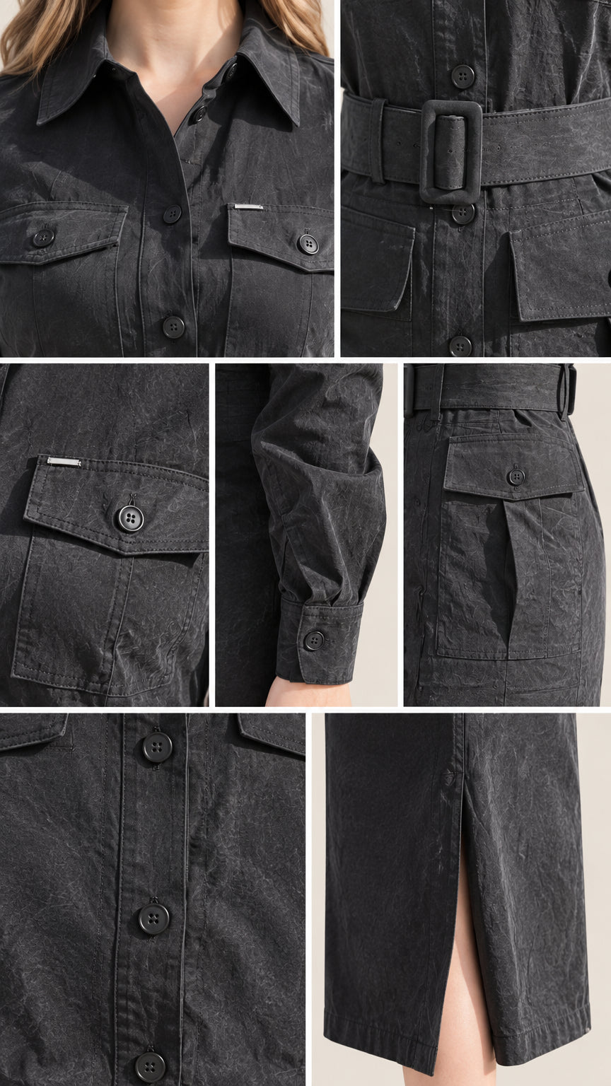 Close-up details of collar, belt buckle, flap cargo pockets, cuff buttons, and front slit