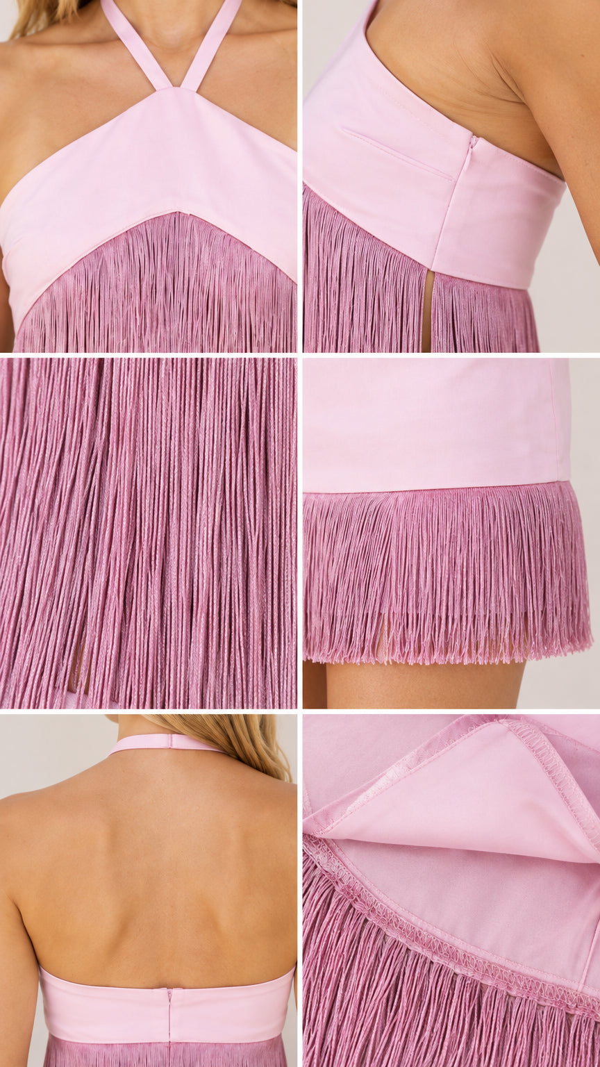 Detailed close-up collage showing fringe texture, halter strap, zipper, and skirt hem