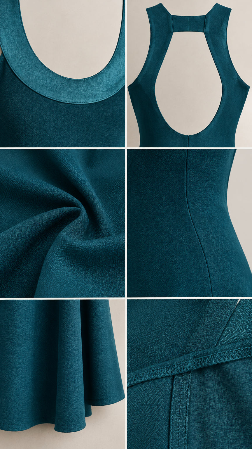 Close-up details of neckline trim, back cutout, fabric drape, and hem stitching