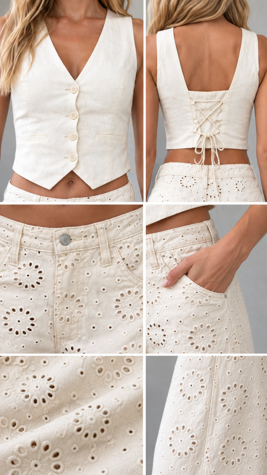 Close-up details of ivory vest buttons, back lacing, and eyelet embroidery fabric