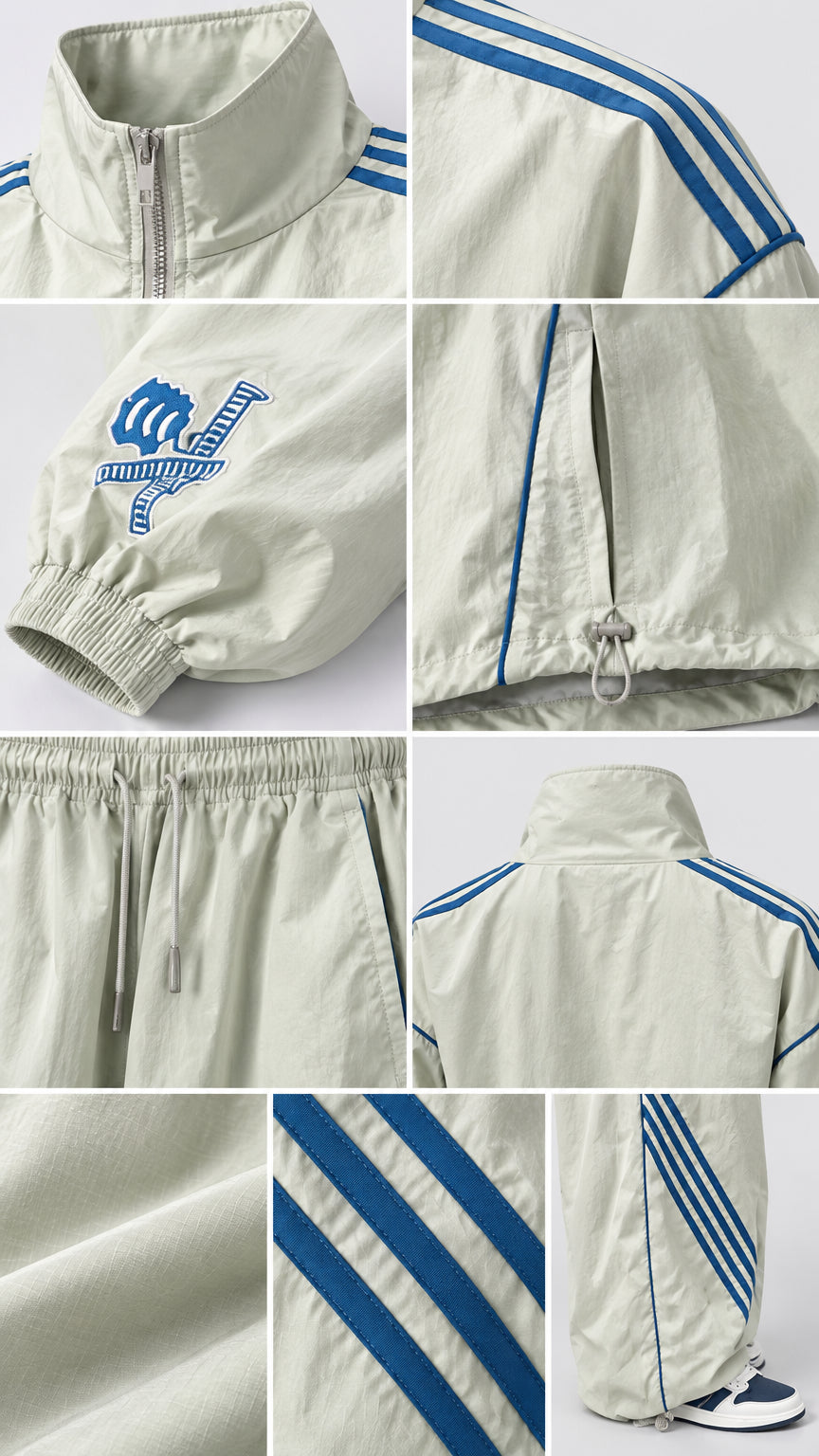 Detailed close-up shots of the collar, embroidery, drawstring waist, and adjustable ankle toggles