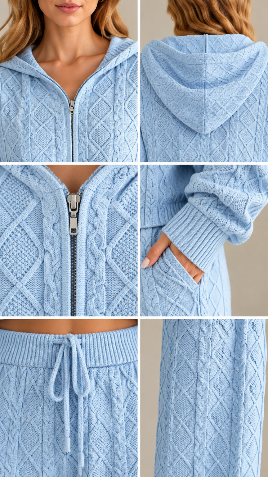 Close-up details of light blue cable knit pattern, zipper, hood, pocket, and drawstring waist