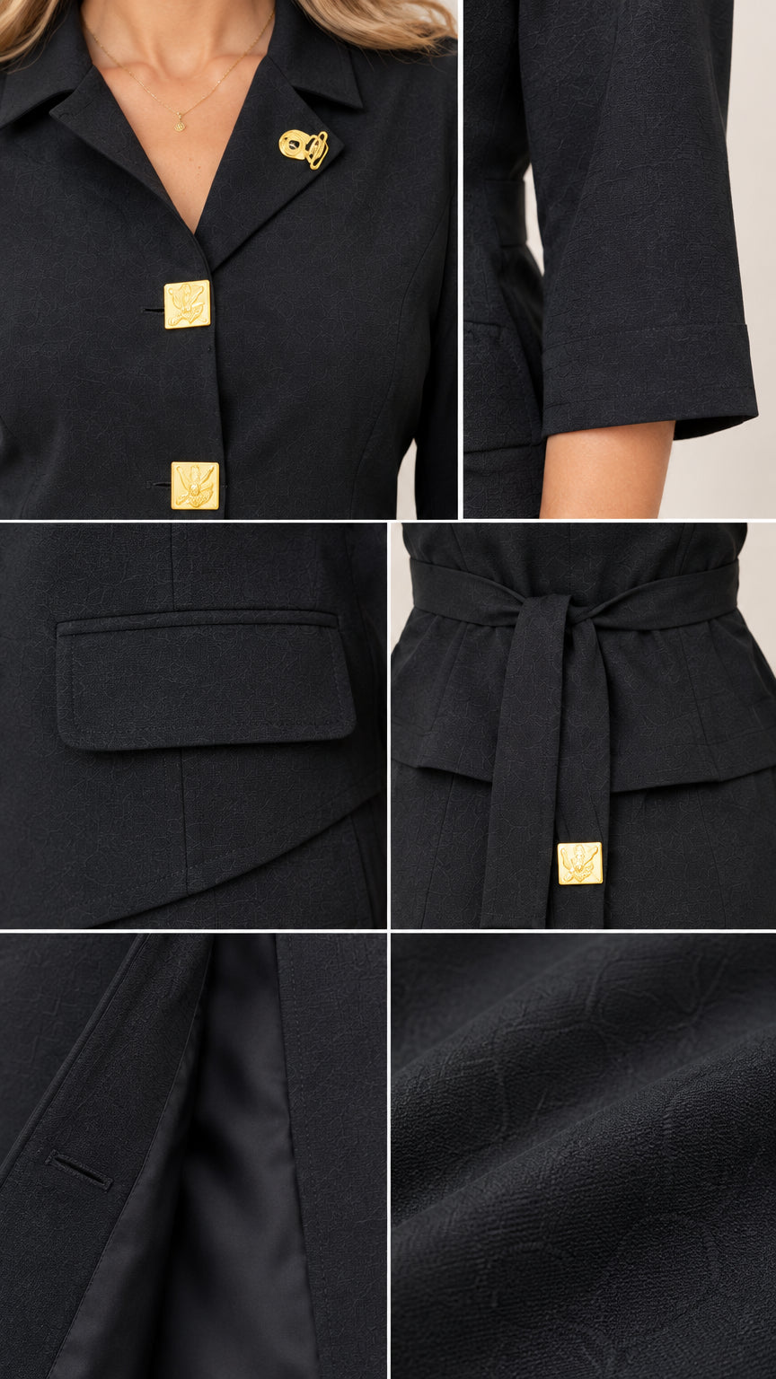 Close-up details of gold buttons, lapel collar, pockets, back tie, and textured fabric