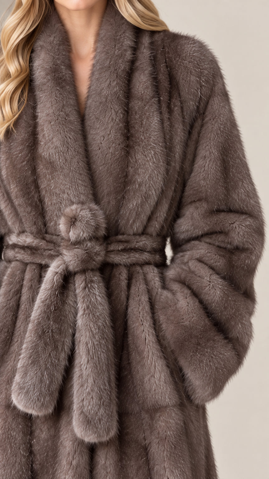 Close-up detail of textured faux fur fabric, shawl collar, and belted waist