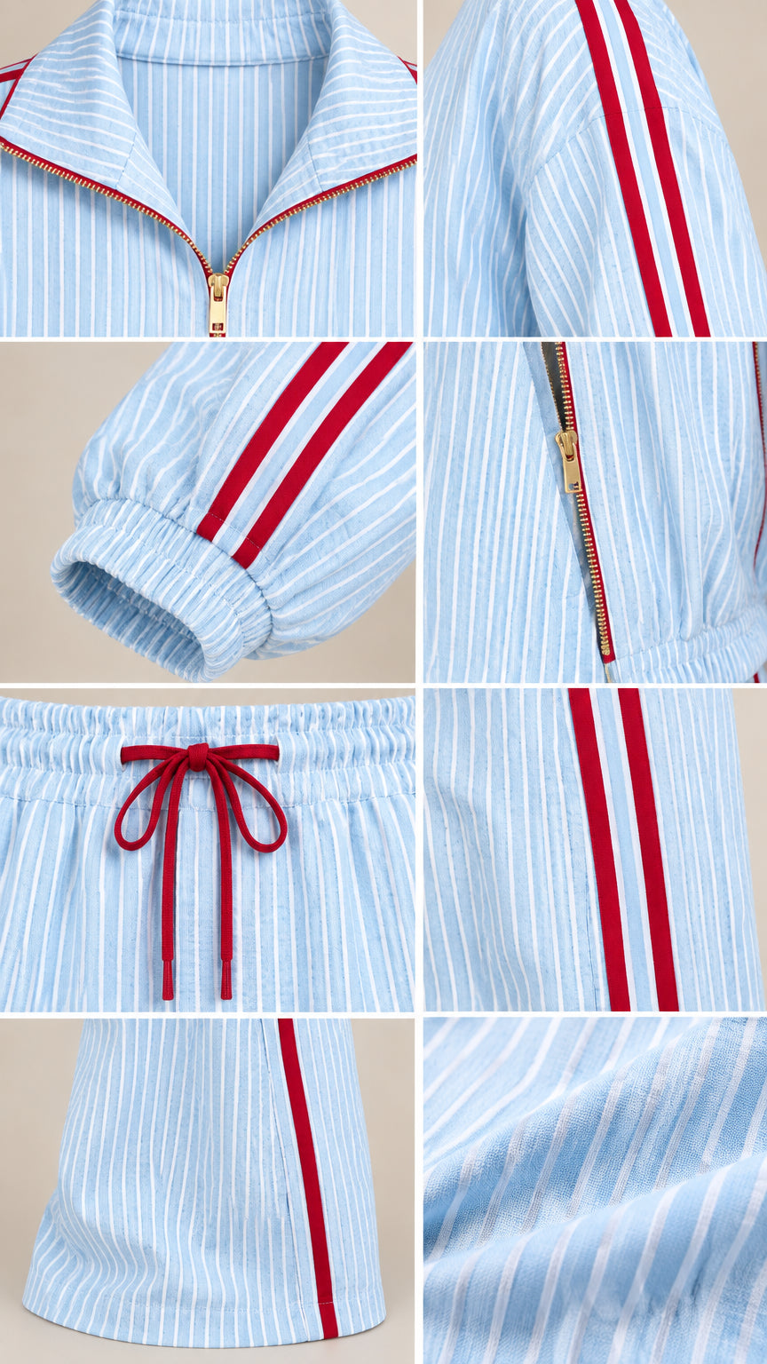 Detailed close-up collage of light blue striped fabric, zipper collar, drawstring, and cuffs