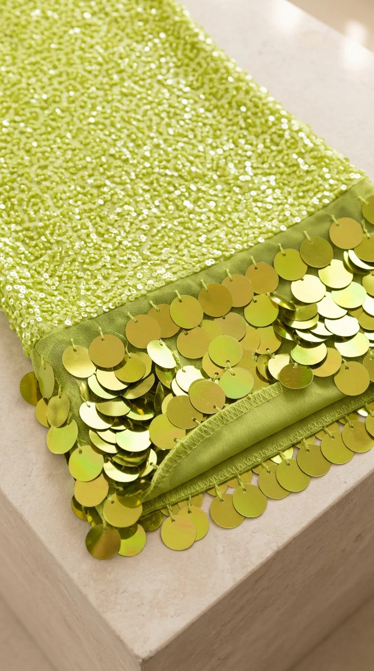 Close-up detail of lime green sequin fabric and circular disc fringe hem