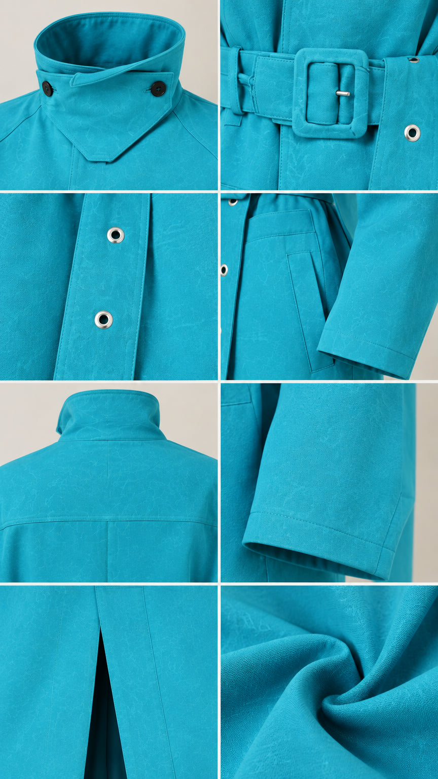 Close-up details of Turquoise trench coat collar, buckle belt, snaps, pockets, and fabric