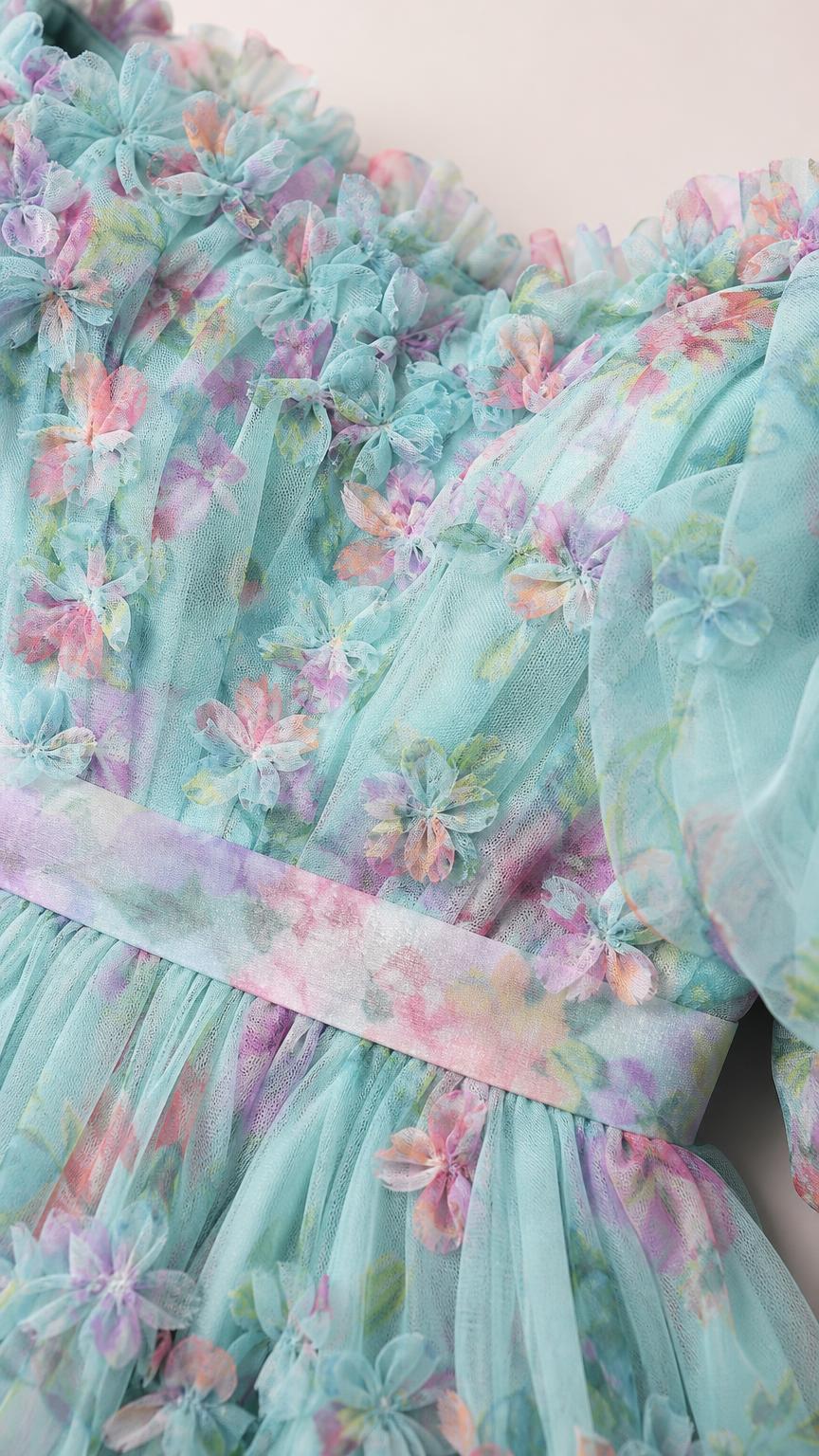 Close-up detail of floral appliques and fabric texture