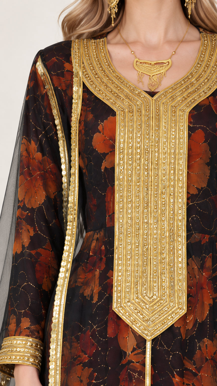 Close-up detail of intricate gold-toned embroidered neckline and metallic trim on black floral fabric