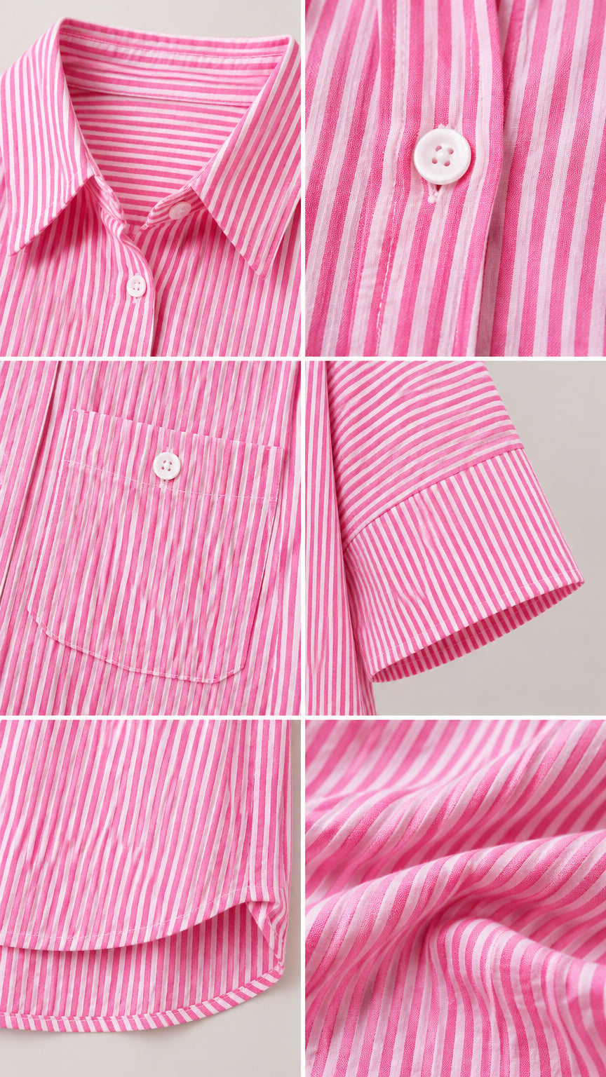 Close-up details of striped fabric, buttons, pocket, and hem stitching