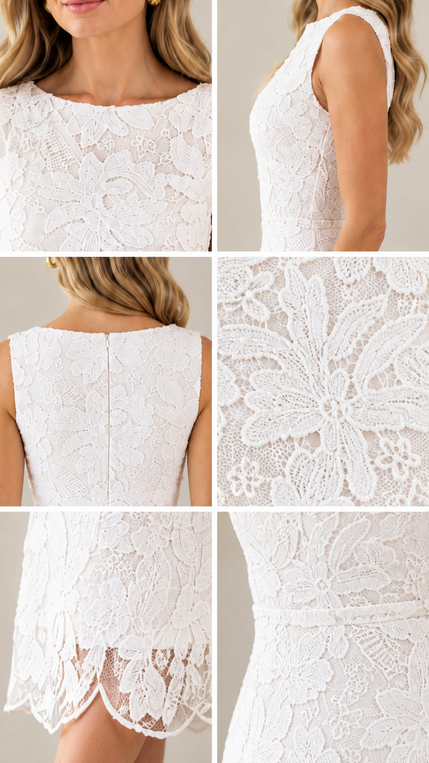 Detail composite of boat neckline, lace fabric texture, and scalloped hemline