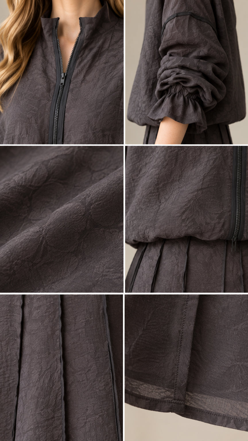 Close-up details of collar zipper, ruched sleeves, textured fabric, and pleated skirt hem