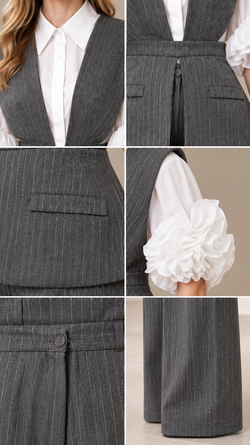 Close-up details of pinstripe vest fabric, flap pocket, button closure, and hem