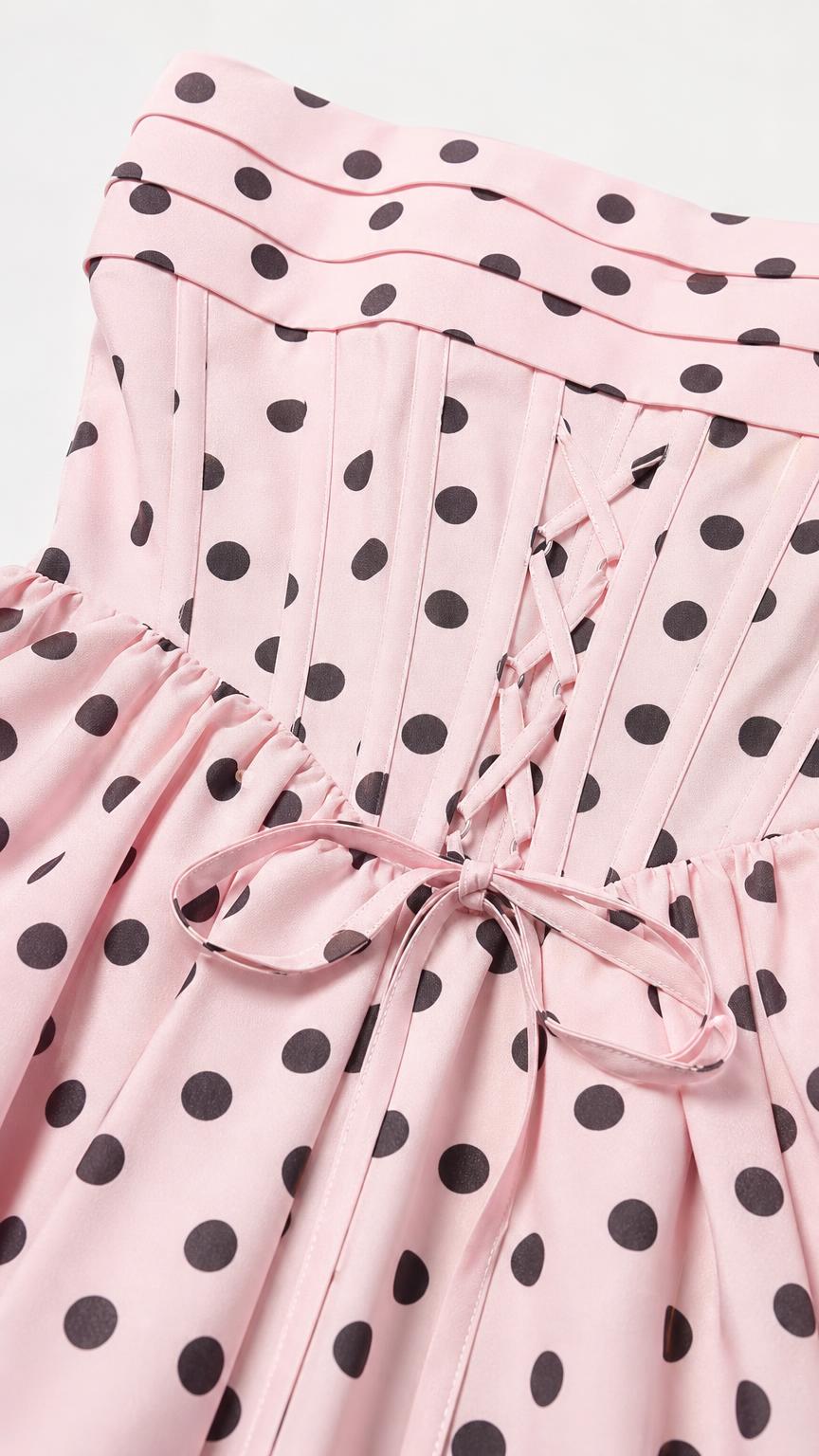 Close-up of the lace-up back and pleated bodice on pink polka dot dress